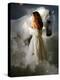 A Young Girl Wearing a White Dress Standing Beside a Horse under the Moonlight-Lynne Davies-Premier Image Canvas
