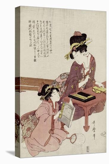 A Young Woman Seated at a Desk Writing, a Girl with a Book Looks On-Kitagawa Utamaro-Premier Image Canvas