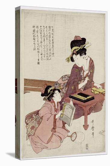 A Young Woman Seated at a Desk, Writing, a Girl with a Book Looks On-Kitagawa Utamaro-Premier Image Canvas