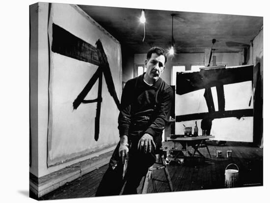 Abstract Expressionist Painter, Franz Kline, in Studio with His Black and White Paintings-Fritz Goro-Premier Image Canvas