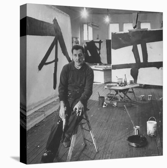 Abstract Expressionist Painter Franz Kline Perching on Stool in His Studio-Fritz Goro-Premier Image Canvas