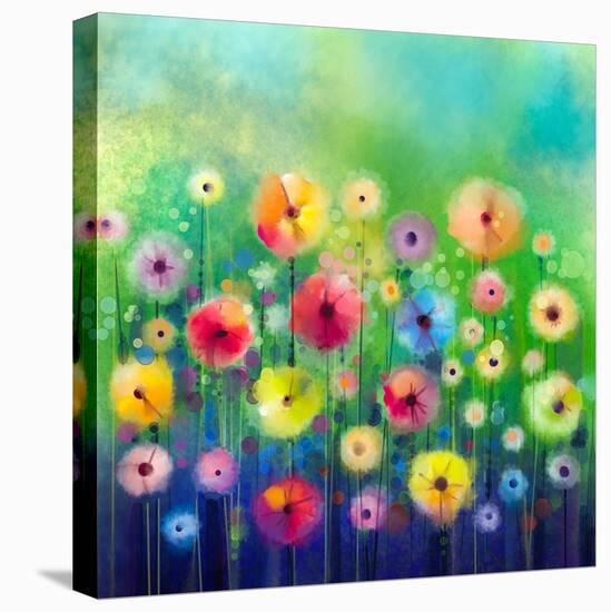 Abstract Floral Watercolor Painting. Hand Paint Yellow and Red Flowers in Soft Color on Green Color-pluie_r-Stretched Canvas