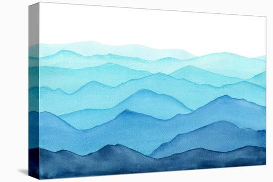 abstract indigo light blue watercolor waves mountains on white background-Julia Druzenko-Stretched Canvas