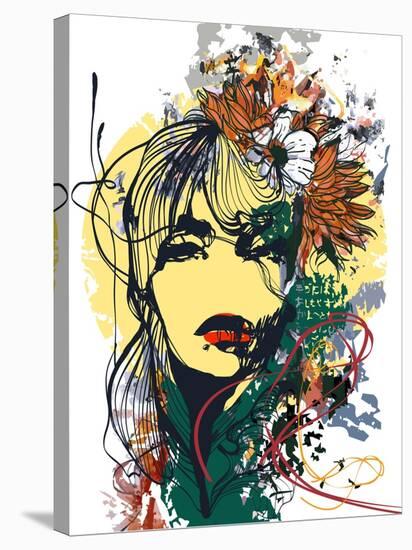 Abstract Print with Female Face, Painted Elements and Flowers-A Frants-Stretched Canvas