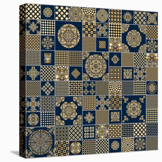 Abstract Seamless Patchwork Background from Metallic Golden Beige and Dark Indigo Blue Ornaments, G-L Kramer-Stretched Canvas