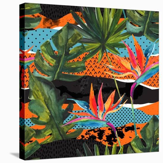 Abstract Tropical Summer Pattern - Watercolor Exotic Flower, Monstera, and Palm Leaves-tanycya-Stretched Canvas