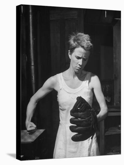 Actress Julie Harris, Punching a Baseball Glove in Scene from Play "Member of the Wedding"-Eliot Elisofon-Premier Image Canvas