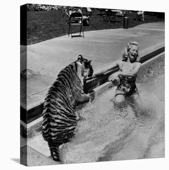 Actress Marilyn Maxwell Playing with a Tiger in a Pool-Allan Grant-Premier Image Canvas