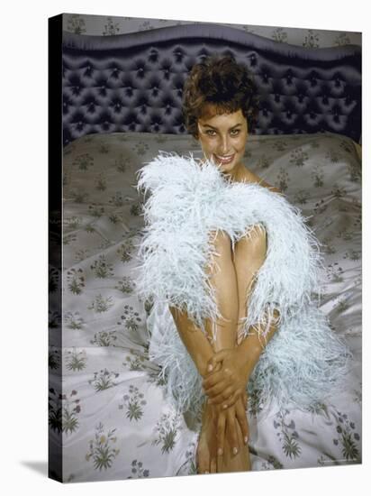 Actress Sophia Loren Wearing Feather Boa Posing in Her Bedroom-Loomis Dean-Premier Image Canvas