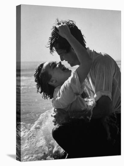 Actress Terry Moore Hugging Actor Robert Wagner on the Beach-George Silk-Premier Image Canvas