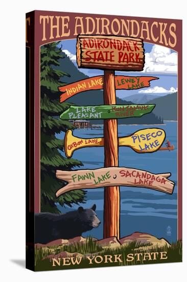 Adirondack, New York - Indian Lake Signpost Destinations-Lantern Press-Stretched Canvas