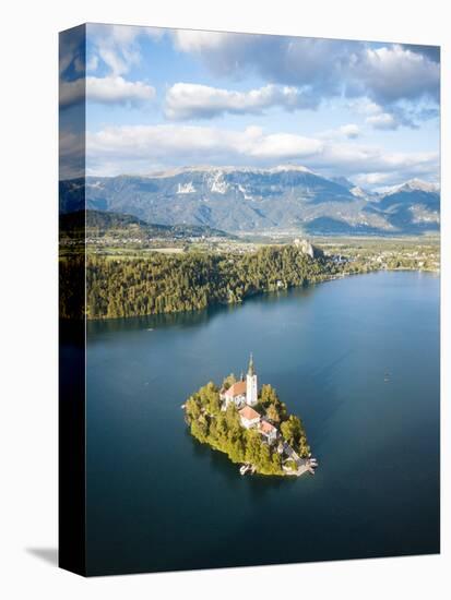 Aerial view by drone of Bled Island with the Church of the Assumption at dawn, Slovenia-Ben Pipe-Premier Image Canvas