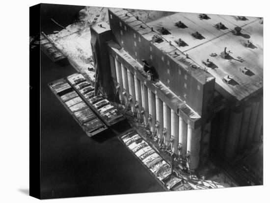 Aerial View of Cargill Grain Elevator with Barges Lined up on the Bank of the Chicago River-Margaret Bourke-White-Premier Image Canvas