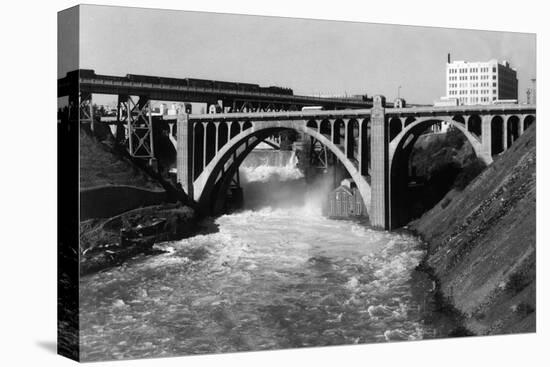 Aerial View of Spokane Falls and Monroe St Bridge - Spokane, WA-Lantern Press-Stretched Canvas