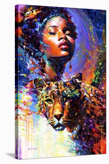 African Beauty and the Leopard's Gaze-Leon Devenice-Stretched Canvas