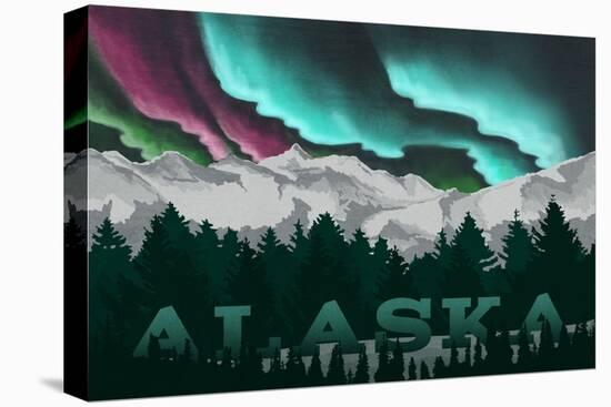 Alaska - Mountains and Northern Lights-Lantern Press-Stretched Canvas