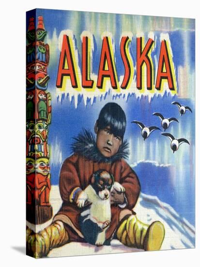 Alaska, View of a Native Child Holding a Puppy, Totem Pole and Penguins-Lantern Press-Stretched Canvas