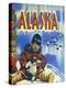 Alaska, View of a Native Child Holding a Puppy, Totem Pole and Penguins-Lantern Press-Stretched Canvas