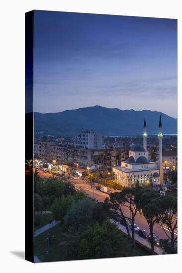Albania, Shkodra, Elevated View of Zogu 1 Boulevard and Mosque, Dusk-Walter Bibikow-Premier Image Canvas