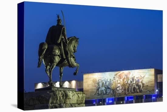 Albania, Tirana, Skanderbeg Square, Statue of Skanderbeg and National Historical Museum, Dusk-Walter Bibikow-Premier Image Canvas