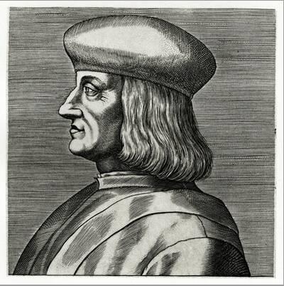 Svartvit skiss av Aldus Manutius