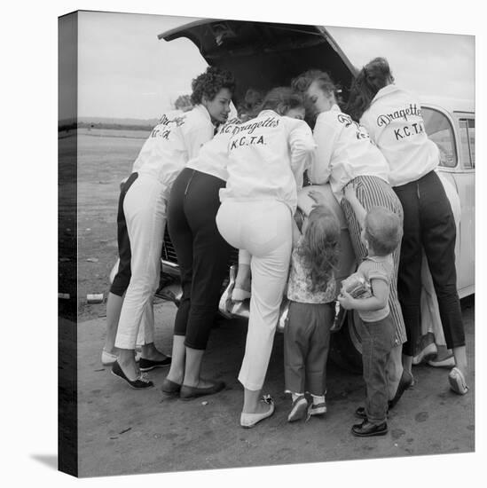 All-Girl "Dragettes" Hotrod Club Working on Car Engine with Children, Kansas City, Kansas, 1959-Francis Miller-Premier Image Canvas