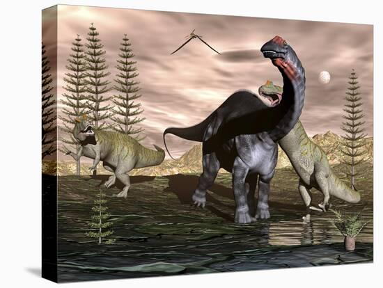 Allosaurus Dinosaurs Attacking an Apatosaurus-Stocktrek Images-Stretched Canvas