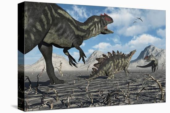 Allosaurus Dinosaurs Moving in to Kill a Stegosaurus Trapped in a Mud Pit-null-Stretched Canvas