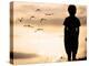 Alone Kid Standing on Field Looking far Away on Birds Flock-zurijeta-Premier Image Canvas