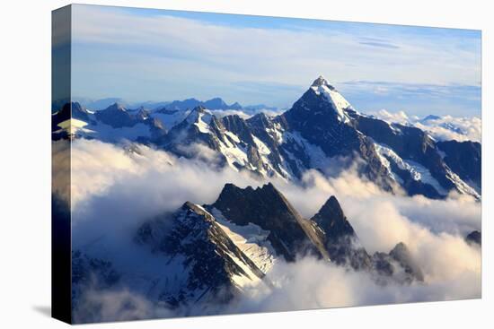 Alps Alpine Landscape of Mountain Cook Range Peak with Mist from Helicopter, New Zealand-vichie81-Premier Image Canvas