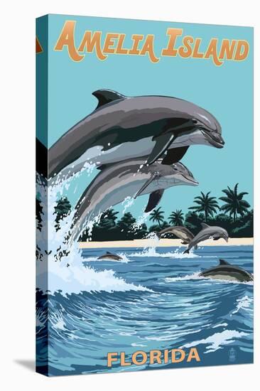 Amelia Island, Florida - Dolphins Jumping-Lantern Press-Stretched Canvas