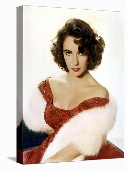 American Actress Elizabeth Taylor with a Red Dress and a Fur Stole C. 1959-null-Stretched Canvas
