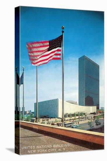 American Flag and United Nations Buildings, New York City-null-Stretched Canvas