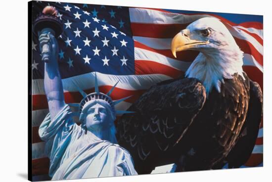 American Flag, Eagle and Statue of Liberty-null-Stretched Canvas