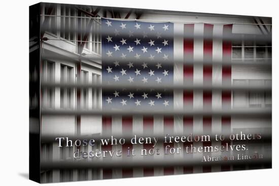 American Flag Through Window Blinds in Philadelphia, PA with Abraham Lincoln Quote-null-Stretched Canvas