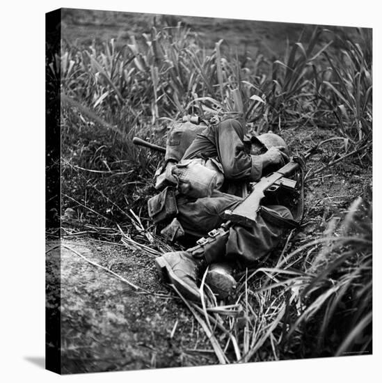 American Infantryman Terry Moore Taking Cover; Japanese Artillery Fire Explodes Nearby During-W^ Eugene Smith-Premier Image Canvas