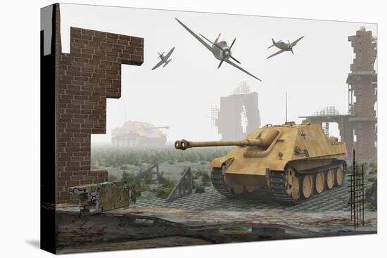 American P-47 Fighter Planes Attacking German Jagdpanther Tanks-null-Stretched Canvas