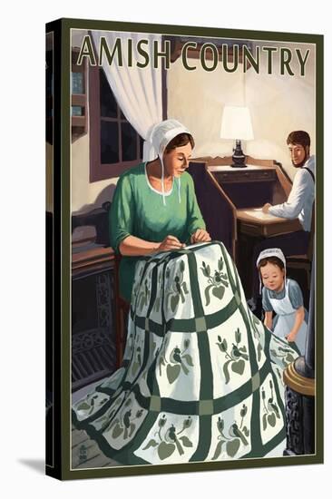 Amish Country - Quilting Scene-Lantern Press-Stretched Canvas