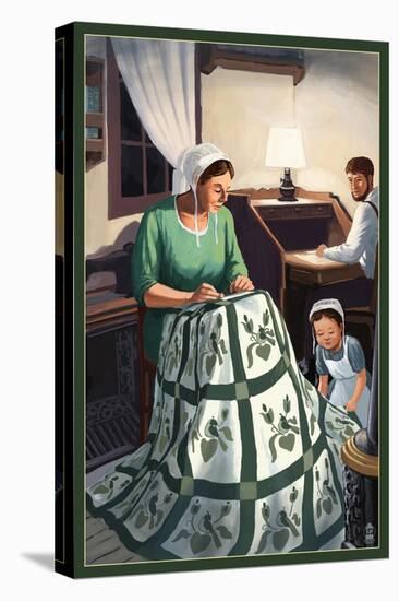 Amish Quiltmaking Scene-Lantern Press-Stretched Canvas