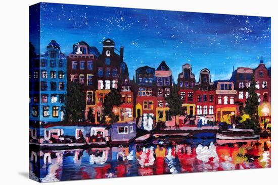 Amsterdam Skyline with Canal at Night-Martina Bleichner-Stretched Canvas