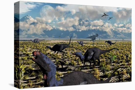 An Allosaurus Attacking a Herd of Camptosaurus Dinosaurs-null-Stretched Canvas