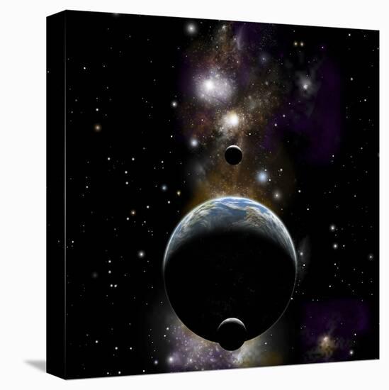 An Earth Type World with Two Moons Against a Background of Nebula and Stars-null-Stretched Canvas