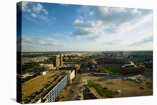 An elevated view of the third Busch Stadium and St. Louis, Missouri, where the Pittsburgh Pirate...-null-Premier Image Canvas