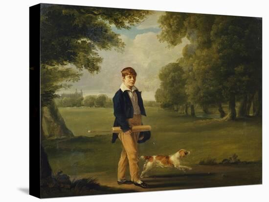 An Eton Schoolboy Carrying a Cricket Bat, with His Dog, on Playing Fields,-Arthur William Devis (Circle of)-Premier Image Canvas