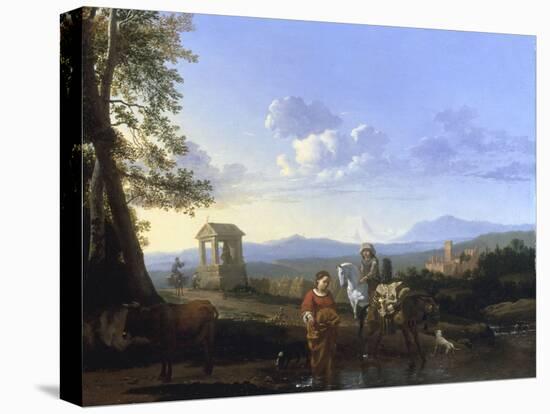 An Italianate Landscape with Peasants and a Pack Mule Watering, probably 1660s-Karel Dujardin-Premier Image Canvas