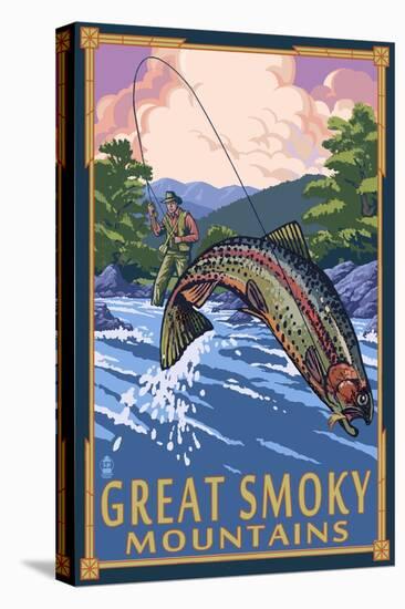 Angler Fly Fishing Scene - Great Smoky Mountains-Lantern Press-Stretched Canvas