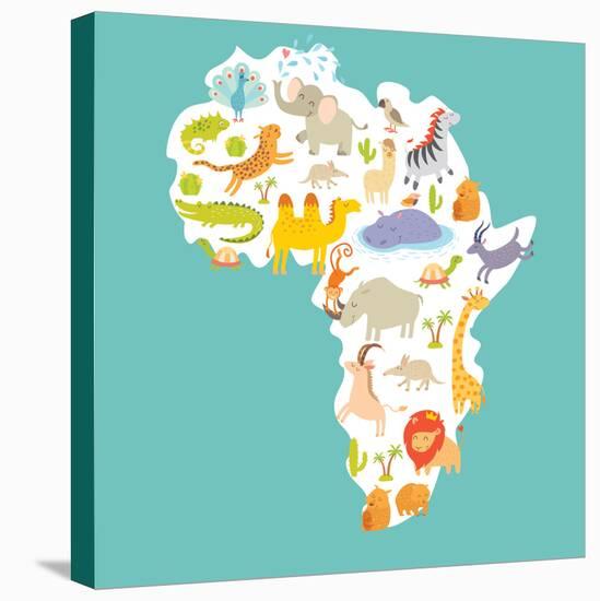 Animals World Map Africa. Colorful Cartoon Vector Illustration-coffeee_in-Stretched Canvas