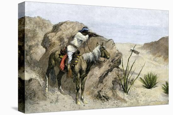 Apache Warrior Ambushing a Covered Wagon in the Southwest, c.1800-null-Premier Image Canvas