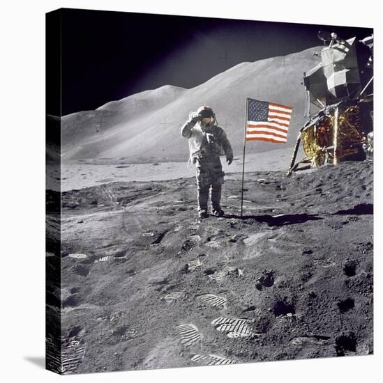 Apollo 15 Astronaut David Scott, Gives a Military Salute to US Flag on the Moon, July 30, 1971-null-Stretched Canvas