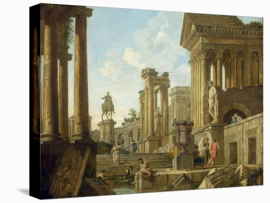 Architectural Capriccio with Ruins, Equestrian Statue of Marcus Aurelius and Figures by a Pool-Giovanni Paolo Pannini-Premier Image Canvas